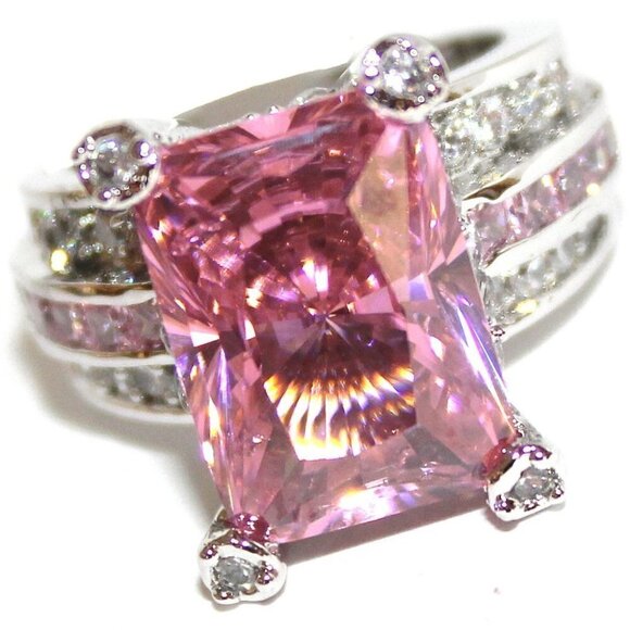 Stunning Pink Ice Tourmaline Clear Accent Cubic Zirconia  Cz Cocktail Ring Sz 9 - Picture 3 of 5